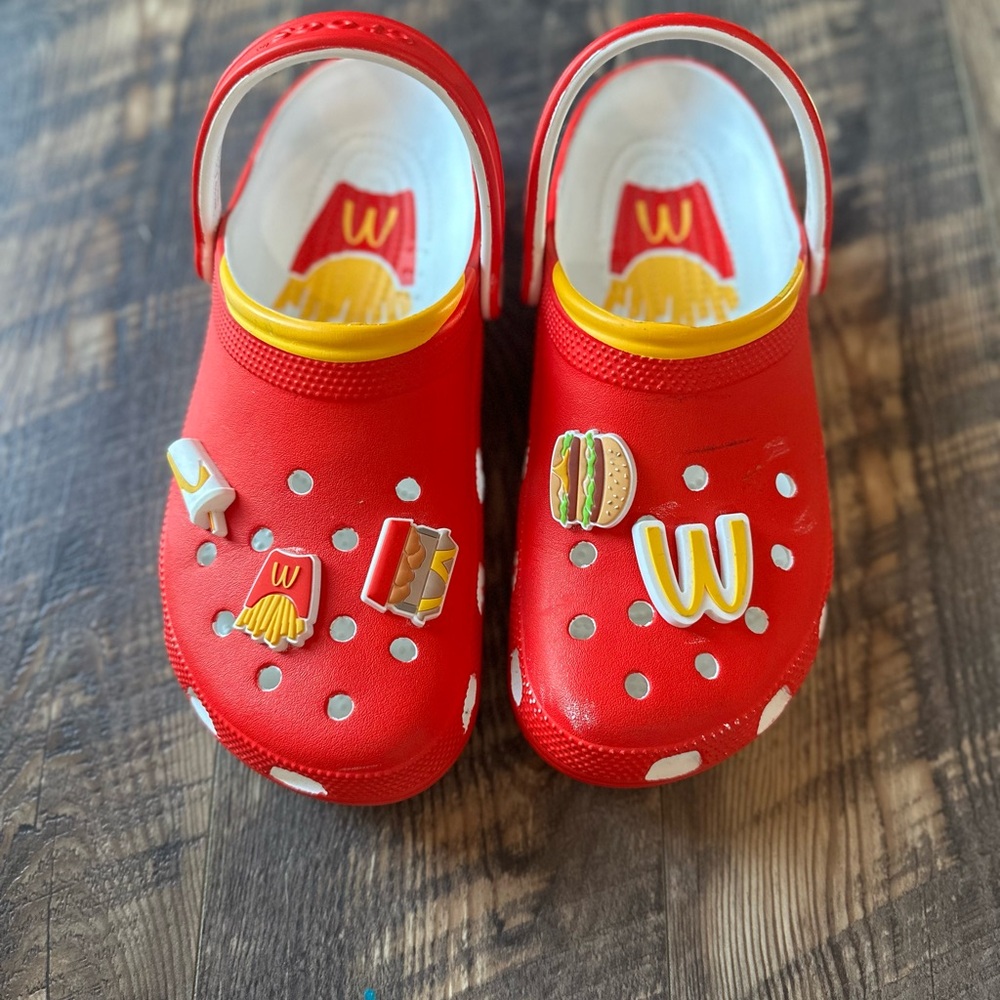 Men’s size 9 and Womens size 11 McDonald’s Crocs with Fun Charms